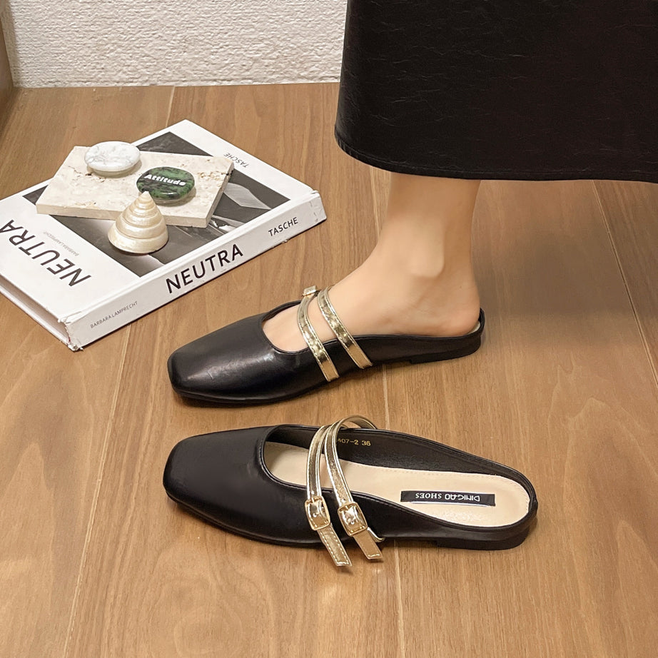 Women's Double Buckle Lazy Flat Slippers