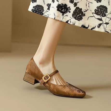 Women's Square Toe Elegant Buckle Leather Shoes