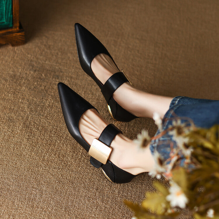 Women's Leather Metal Buckle Mary Jane Shoes