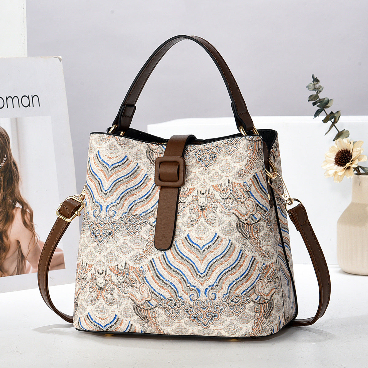 Women's Crossbody Bucket Bag Embroidery Bag