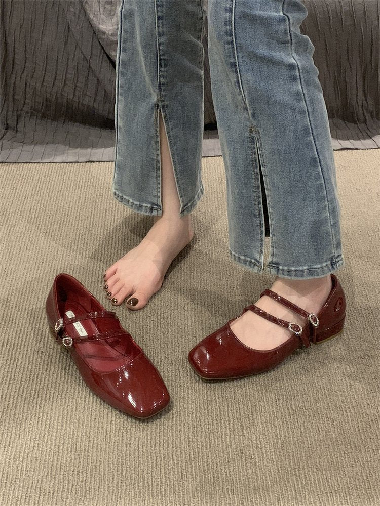 Women's Coarse Heel Burgundy Leather Shoes