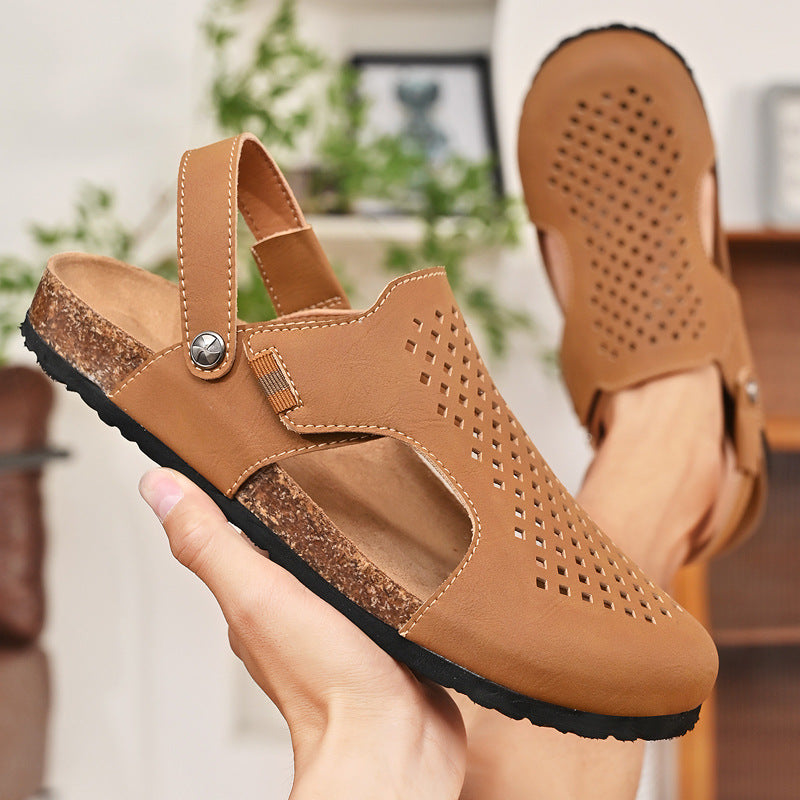 Men's Leather Cork Sole Flat Casual Sandals (In Stock)