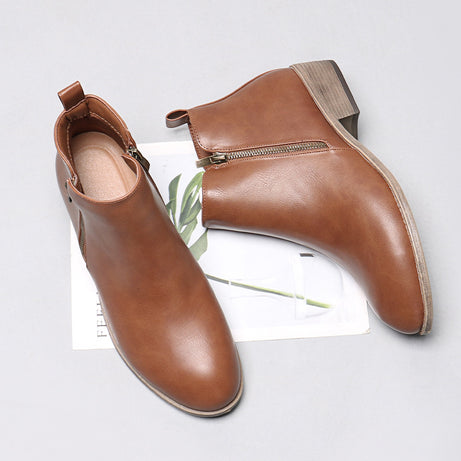 Men's Leather Low Heel Side Zipper Chelsea Boots