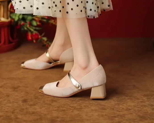 Women's Leather Mid Heel Mary Jane Shoes