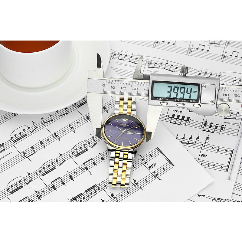 Men's Gold Double Calendar Solid Steel Belt Watch