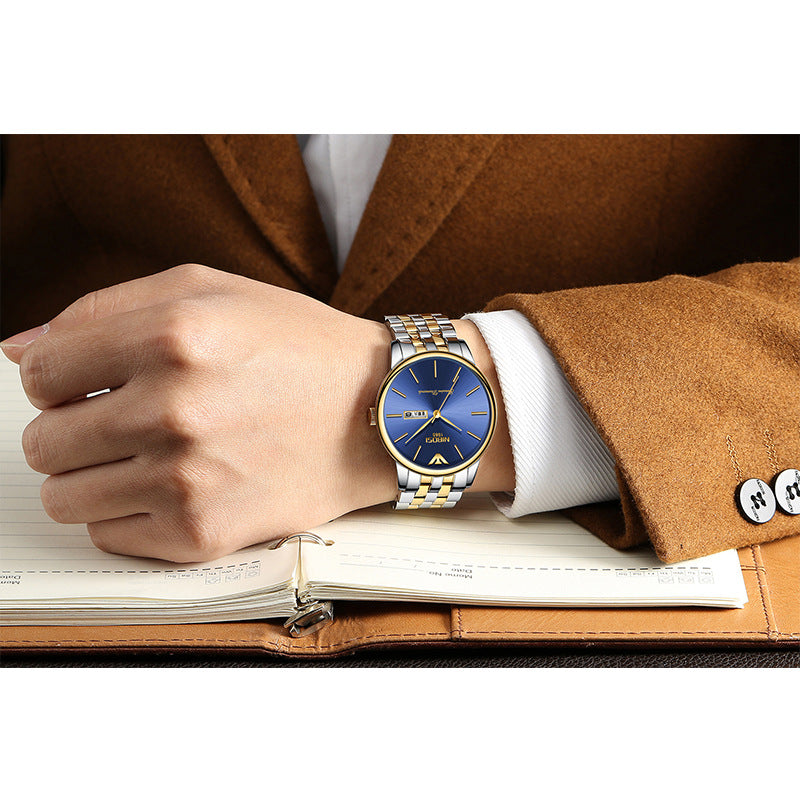 Men's Gold Double Calendar Solid Steel Belt Watch