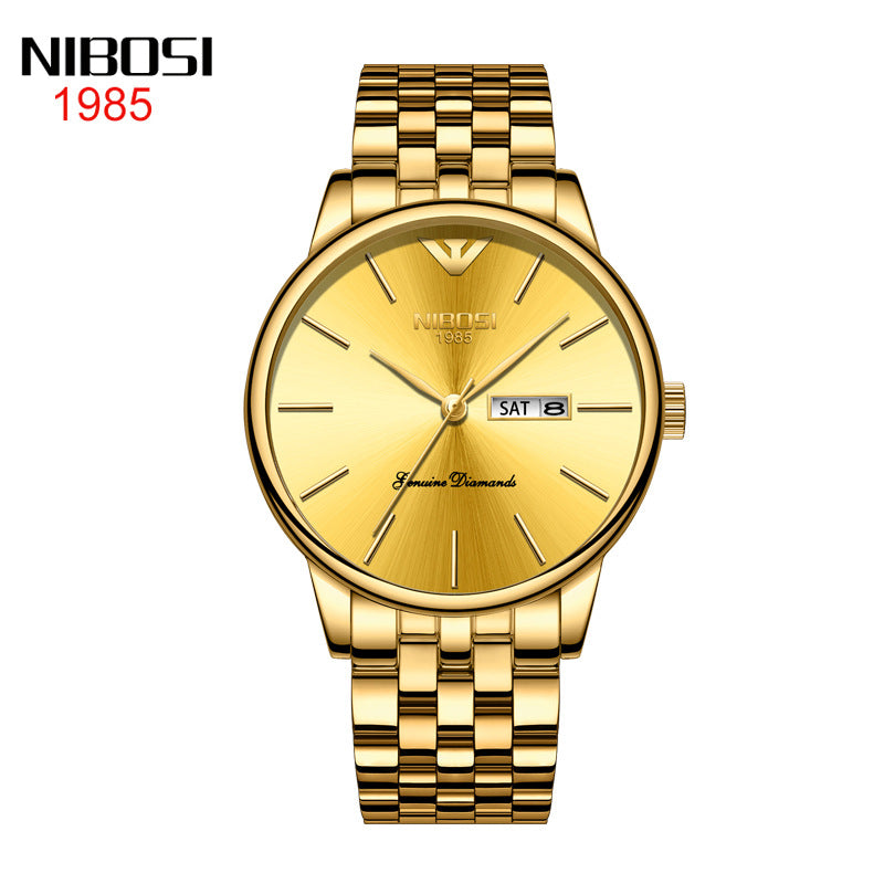 Men's Gold Double Calendar Solid Steel Belt Watch
