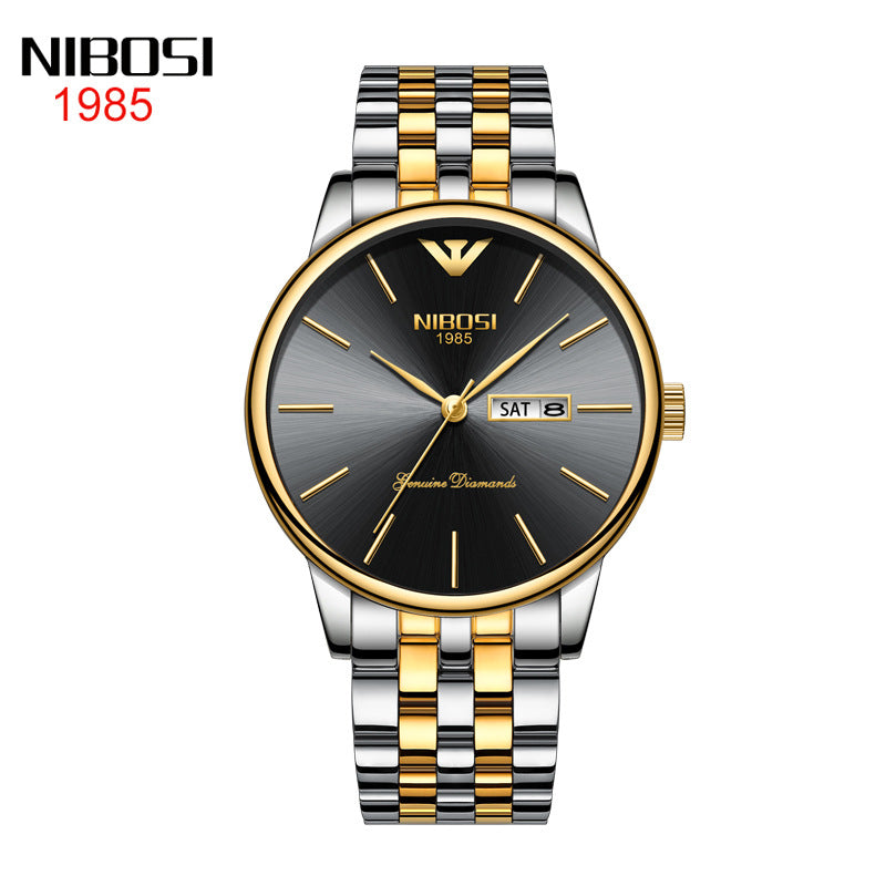 Men's Gold Double Calendar Solid Steel Belt Watch