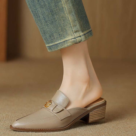 Women's Genuine Leather Chunky Heel Slippers