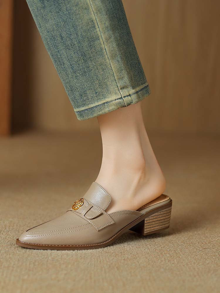 Women's Genuine Leather Chunky Heel Slippers