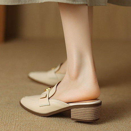 Women's Genuine Leather Chunky Heel Slippers