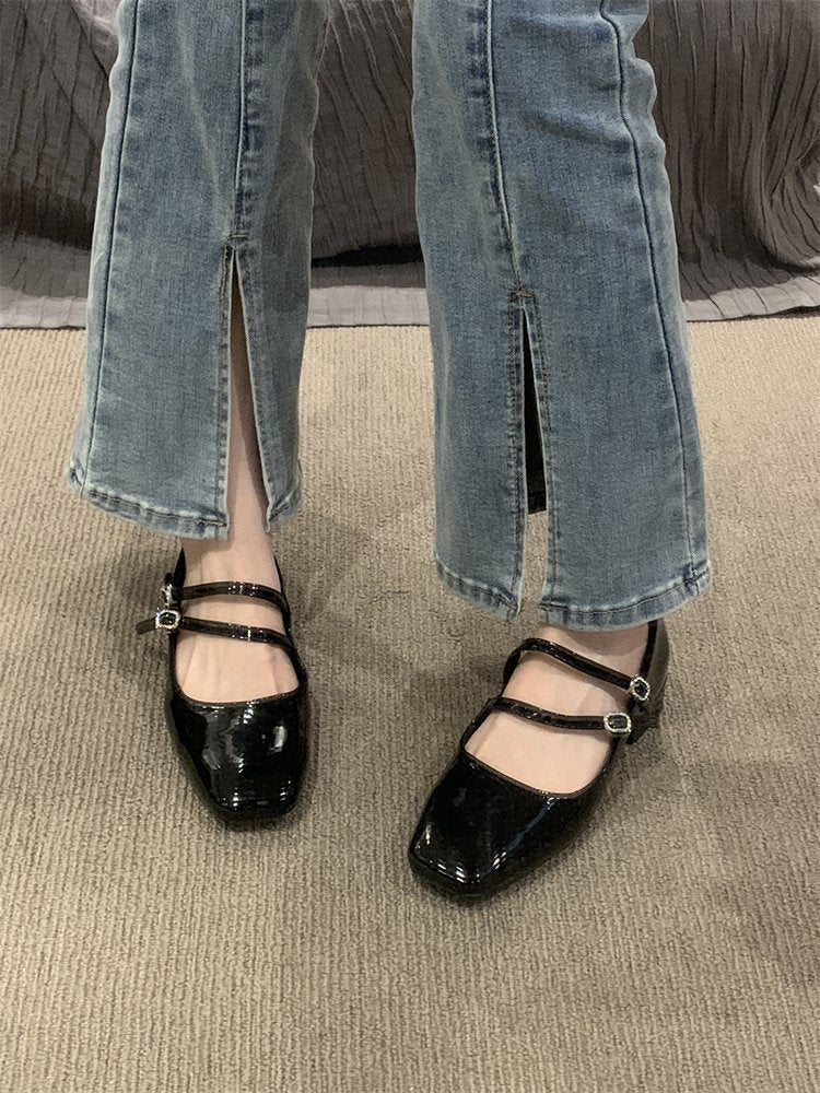 Women's Coarse Heel Burgundy Leather Shoes