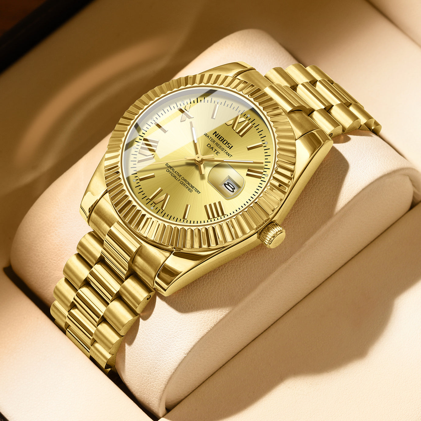 Men's Watch Gold Stainless Steel Calendar Watch