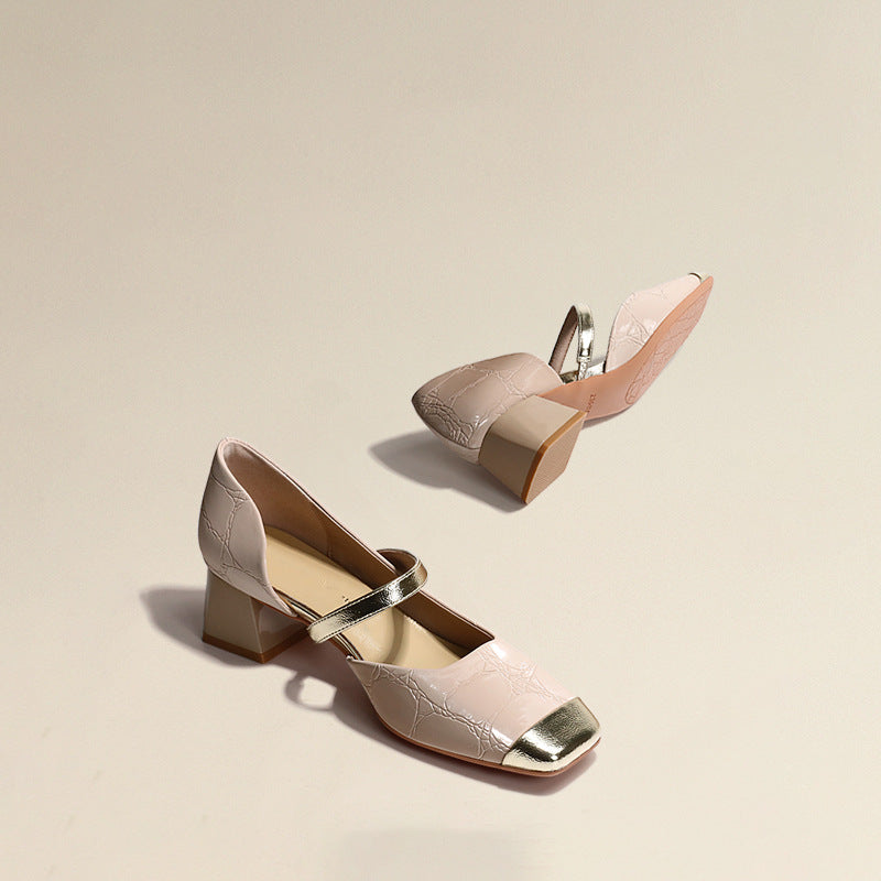 Women's Leather Mid Heel Mary Jane Shoes