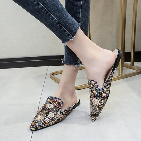 Women's Flat Shoes Rivets Shiny Pointed Half Slippers