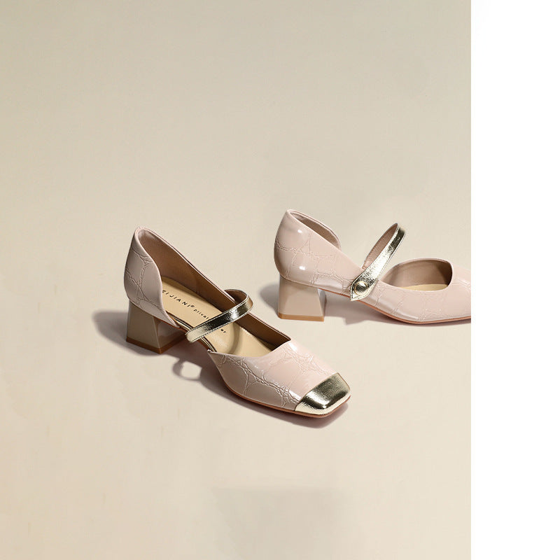 Women's Leather Mid Heel Mary Jane Shoes