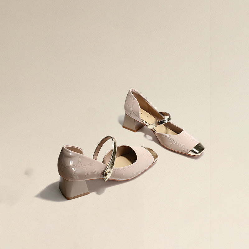 Women's Leather Mid Heel Mary Jane Shoes