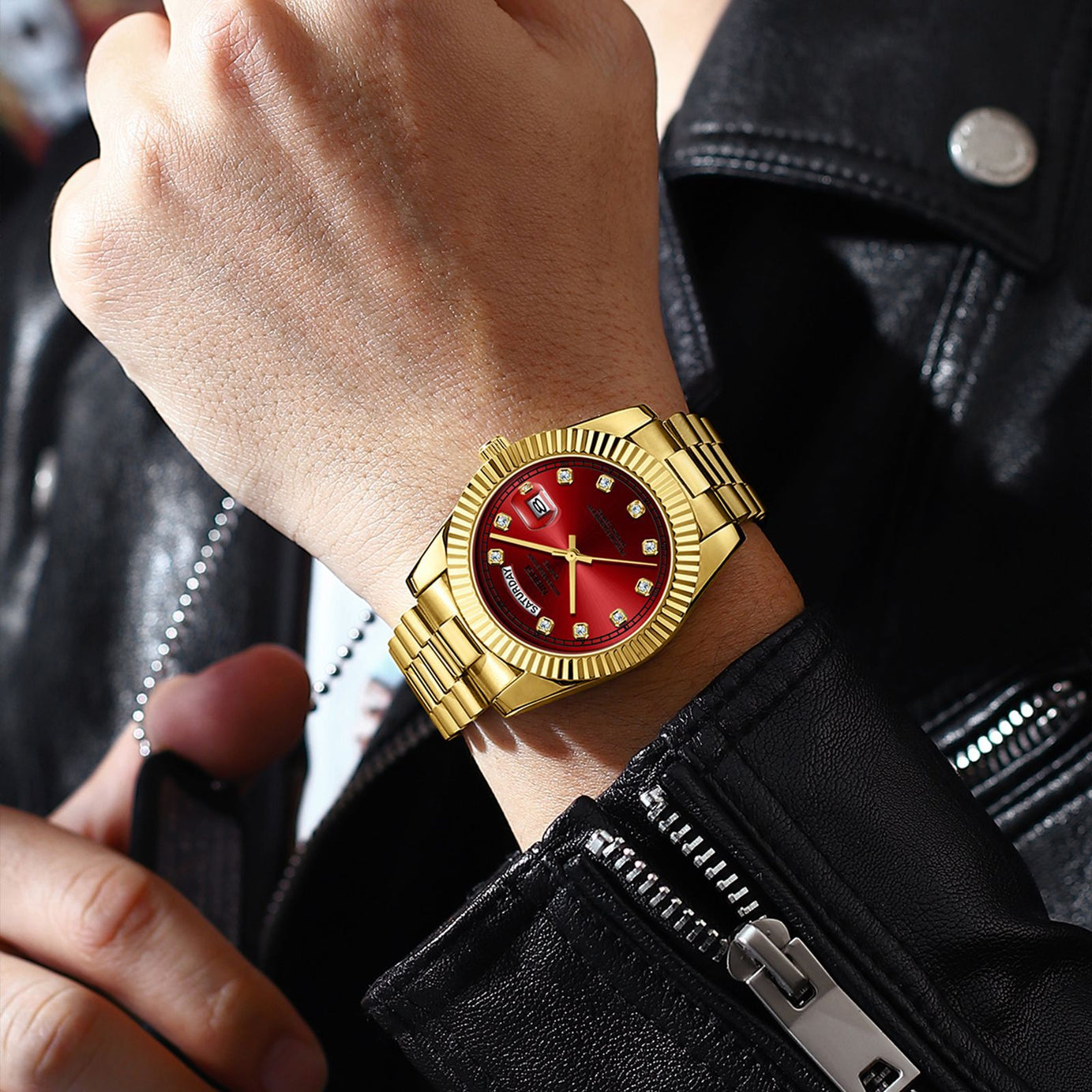 Men's Sun Pattern Dial Solid Steel Belt Watch