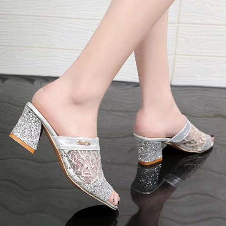 Women's Spring and Summer Middle Heel Mesh Sandals