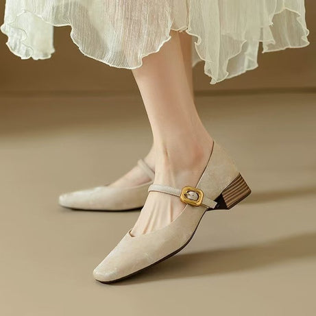 Women's Square Toe Elegant Buckle Leather Shoes