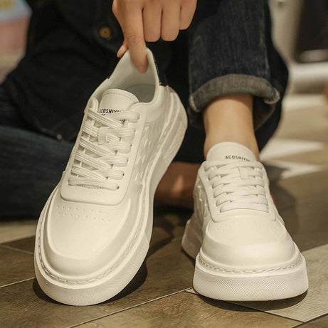 Men's Versatile Genuine Leather Casual White Sneakers