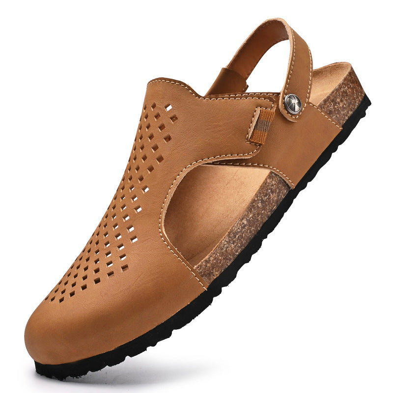 Men's Leather Cork Sole Flat Casual Sandals