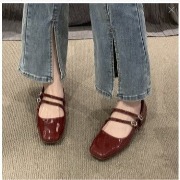 Women's Coarse Heel Burgundy Leather Shoes