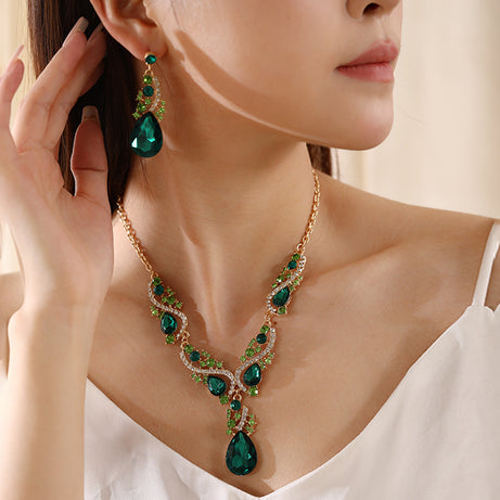 Women's Emerald Drop Necklace Earrings Set