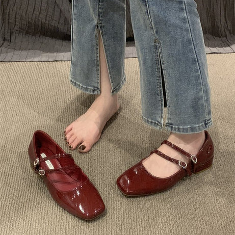 Women's Coarse Heel Burgundy Leather Shoes