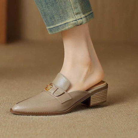 Women's Genuine Leather Chunky Heel Slippers