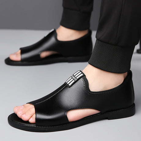 Men's Black Leather Sandal Shoes