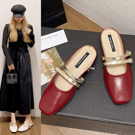 Women's Double Buckle Lazy Flat Slippers