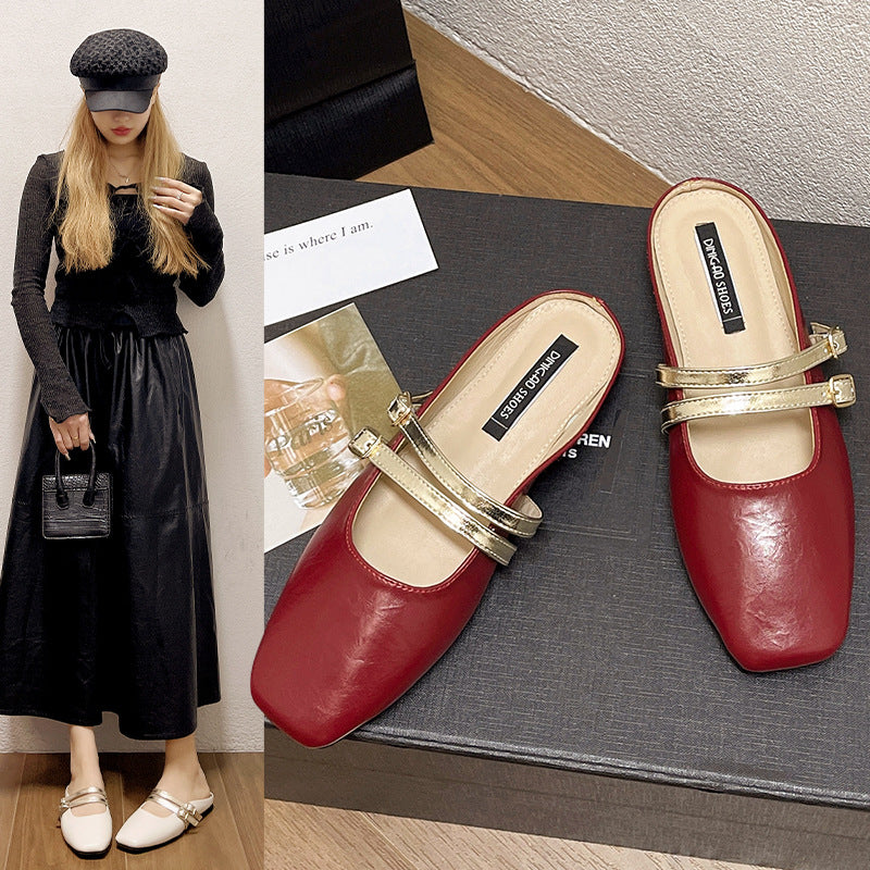 Women's Double Buckle Lazy Flat Slippers