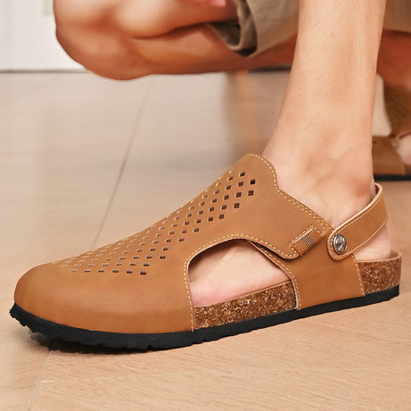 Men's Leather Cork Sole Flat Casual Sandals