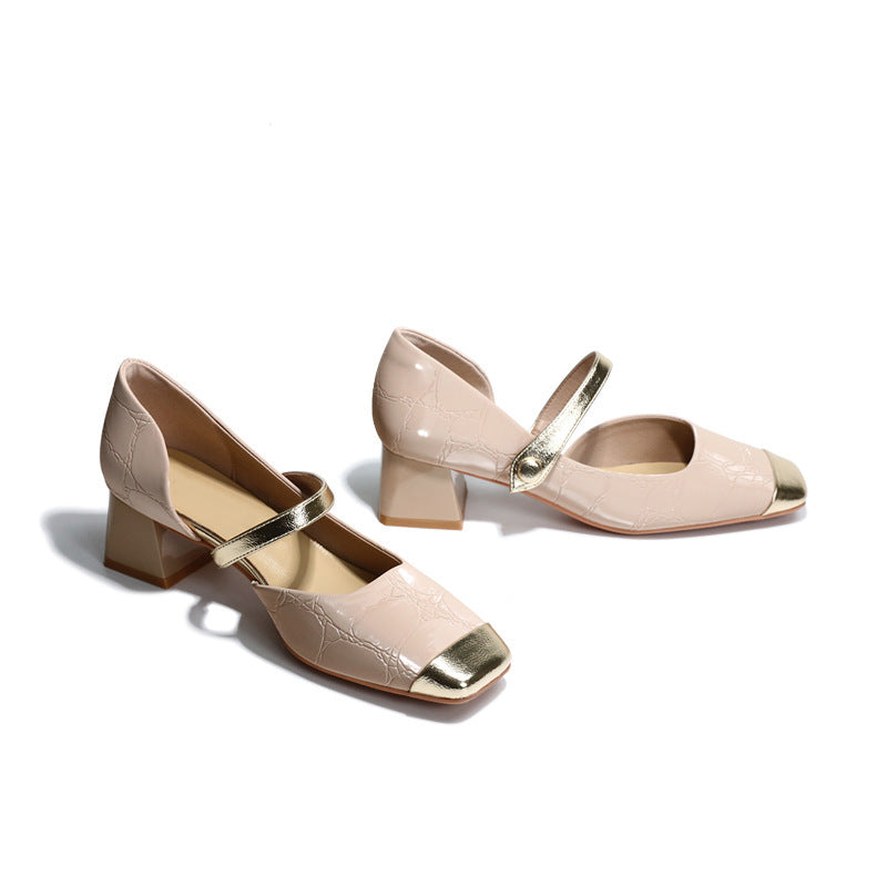 Women's Leather Mid Heel Mary Jane Shoes