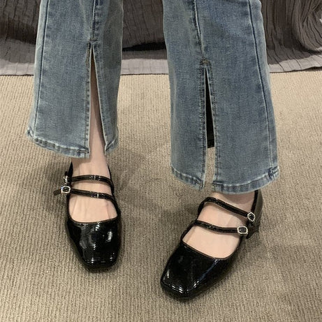 Women's Coarse Heel Burgundy Leather Shoes