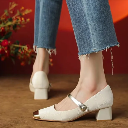 Women's Leather Mid Heel Mary Jane Shoes