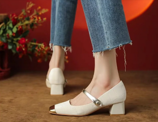 Women's Leather Mid Heel Mary Jane Shoes
